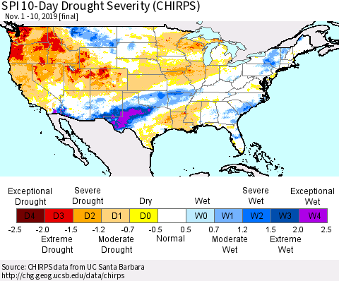 United States SPI 10-Day Drought Severity (CHIRPS) Thematic Map For 11/1/2019 - 11/10/2019