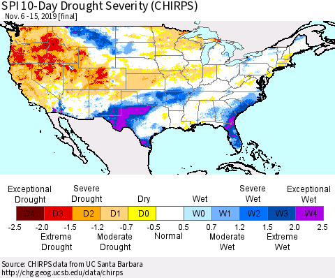 United States SPI 10-Day Drought Severity (CHIRPS) Thematic Map For 11/6/2019 - 11/15/2019