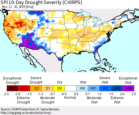 United States SPI 10-Day Drought Severity (CHIRPS) Thematic Map For 11/11/2019 - 11/20/2019