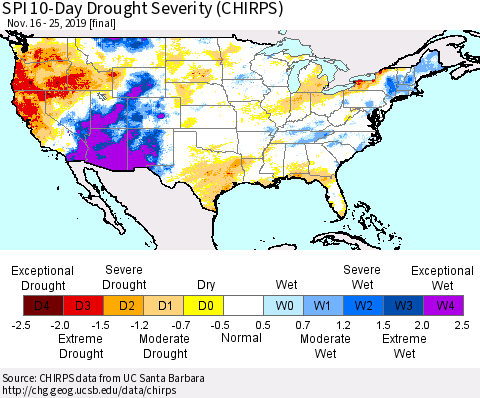 United States SPI 10-Day Drought Severity (CHIRPS) Thematic Map For 11/16/2019 - 11/25/2019