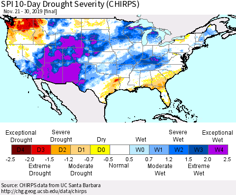 United States SPI 10-Day Drought Severity (CHIRPS) Thematic Map For 11/21/2019 - 11/30/2019