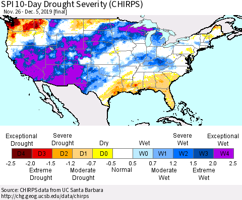 United States SPI 10-Day Drought Severity (CHIRPS) Thematic Map For 11/26/2019 - 12/5/2019