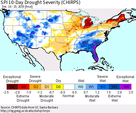 United States SPI 10-Day Drought Severity (CHIRPS) Thematic Map For 12/16/2019 - 12/25/2019