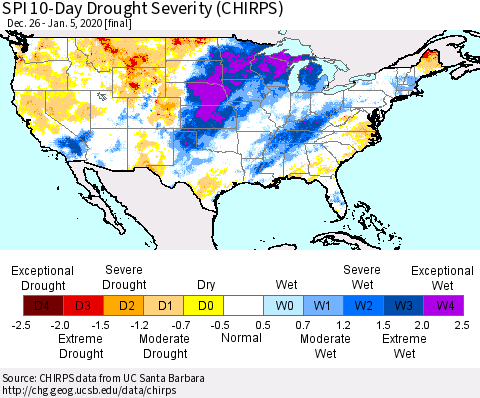 United States SPI 10-Day Drought Severity (CHIRPS) Thematic Map For 12/26/2019 - 1/5/2020