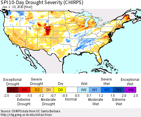 United States SPI 10-Day Drought Severity (CHIRPS) Thematic Map For 1/1/2020 - 1/10/2020