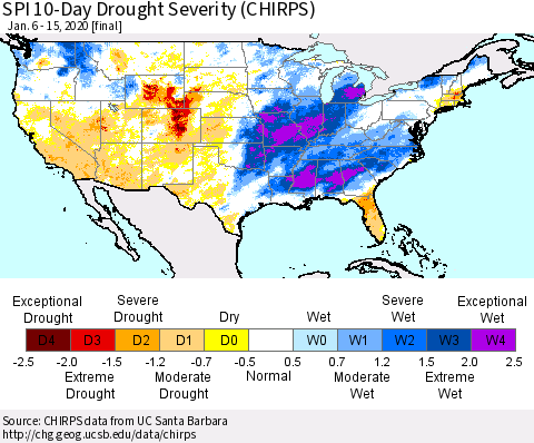 United States SPI 10-Day Drought Severity (CHIRPS) Thematic Map For 1/6/2020 - 1/15/2020
