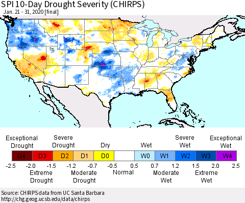 United States SPI 10-Day Drought Severity (CHIRPS) Thematic Map For 1/21/2020 - 1/31/2020