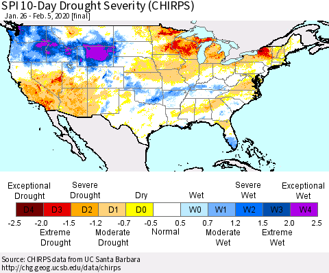 United States SPI 10-Day Drought Severity (CHIRPS) Thematic Map For 1/26/2020 - 2/5/2020