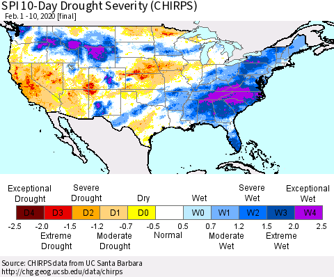 United States SPI 10-Day Drought Severity (CHIRPS) Thematic Map For 2/1/2020 - 2/10/2020