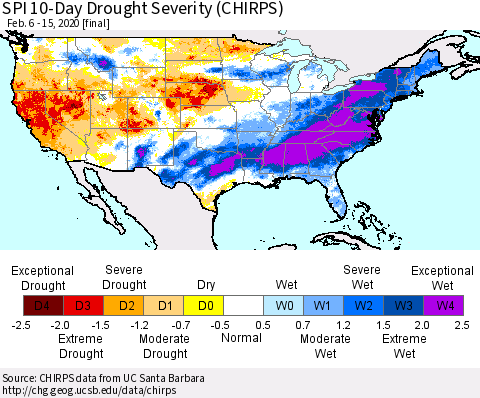 United States SPI 10-Day Drought Severity (CHIRPS) Thematic Map For 2/6/2020 - 2/15/2020