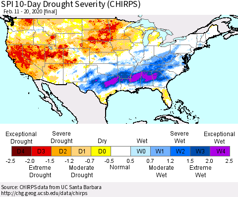 United States SPI 10-Day Drought Severity (CHIRPS) Thematic Map For 2/11/2020 - 2/20/2020
