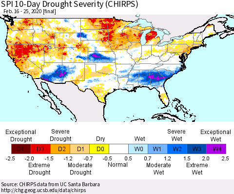 United States SPI 10-Day Drought Severity (CHIRPS) Thematic Map For 2/16/2020 - 2/25/2020