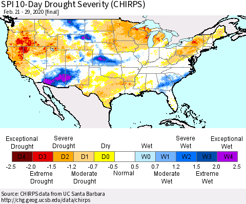 United States SPI 10-Day Drought Severity (CHIRPS) Thematic Map For 2/21/2020 - 2/29/2020