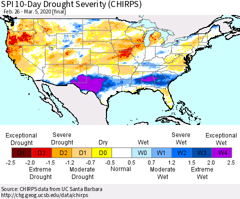 United States SPI 10-Day Drought Severity (CHIRPS) Thematic Map For 2/26/2020 - 3/5/2020