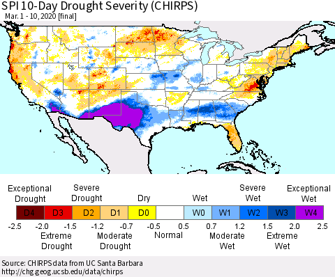 United States SPI 10-Day Drought Severity (CHIRPS) Thematic Map For 3/1/2020 - 3/10/2020