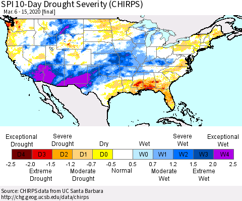 United States SPI 10-Day Drought Severity (CHIRPS) Thematic Map For 3/6/2020 - 3/15/2020