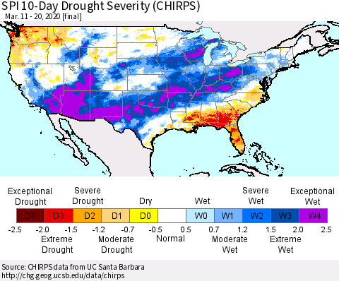 United States SPI 10-Day Drought Severity (CHIRPS) Thematic Map For 3/11/2020 - 3/20/2020