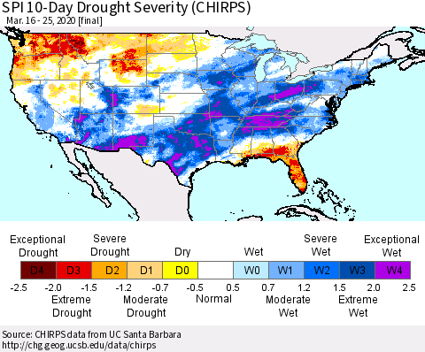 United States SPI 10-Day Drought Severity (CHIRPS) Thematic Map For 3/16/2020 - 3/25/2020