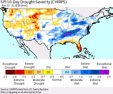 United States SPI 10-Day Drought Severity (CHIRPS) Thematic Map For 3/21/2020 - 3/31/2020