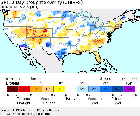 United States SPI 10-Day Drought Severity (CHIRPS) Thematic Map For 3/26/2020 - 4/5/2020