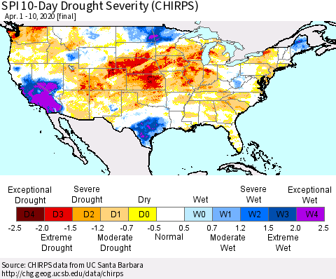 United States SPI 10-Day Drought Severity (CHIRPS) Thematic Map For 4/1/2020 - 4/10/2020
