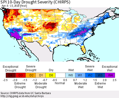 United States SPI 10-Day Drought Severity (CHIRPS) Thematic Map For 4/6/2020 - 4/15/2020