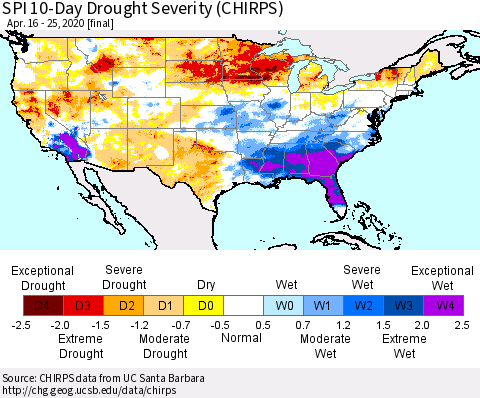 United States SPI 10-Day Drought Severity (CHIRPS) Thematic Map For 4/16/2020 - 4/25/2020