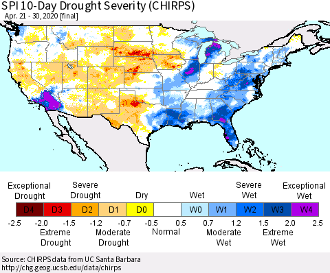 United States SPI 10-Day Drought Severity (CHIRPS) Thematic Map For 4/21/2020 - 4/30/2020