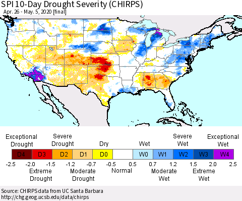 United States SPI 10-Day Drought Severity (CHIRPS) Thematic Map For 4/26/2020 - 5/5/2020