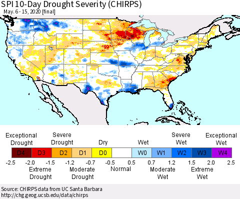 United States SPI 10-Day Drought Severity (CHIRPS) Thematic Map For 5/6/2020 - 5/15/2020