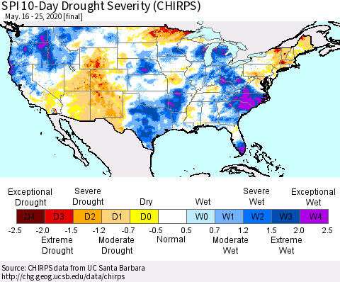 United States SPI 10-Day Drought Severity (CHIRPS) Thematic Map For 5/16/2020 - 5/25/2020