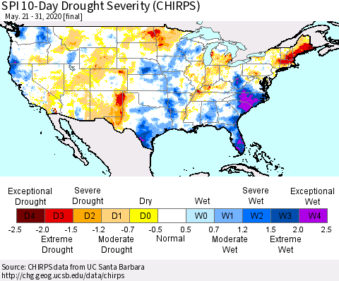 United States SPI 10-Day Drought Severity (CHIRPS) Thematic Map For 5/21/2020 - 5/31/2020