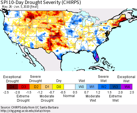 United States SPI 10-Day Drought Severity (CHIRPS) Thematic Map For 5/26/2020 - 6/5/2020