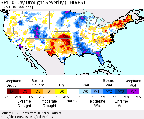 United States SPI 10-Day Drought Severity (CHIRPS) Thematic Map For 6/1/2020 - 6/10/2020