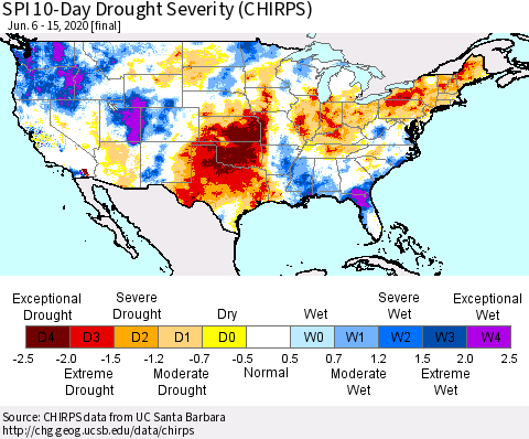 United States SPI 10-Day Drought Severity (CHIRPS) Thematic Map For 6/6/2020 - 6/15/2020