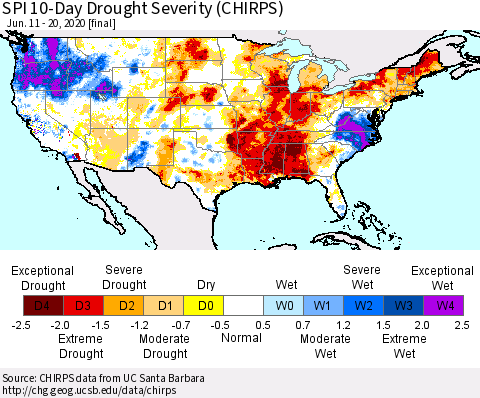 United States SPI 10-Day Drought Severity (CHIRPS) Thematic Map For 6/11/2020 - 6/20/2020