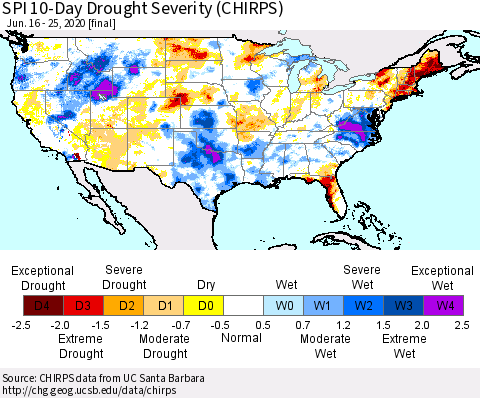 United States SPI 10-Day Drought Severity (CHIRPS) Thematic Map For 6/16/2020 - 6/25/2020