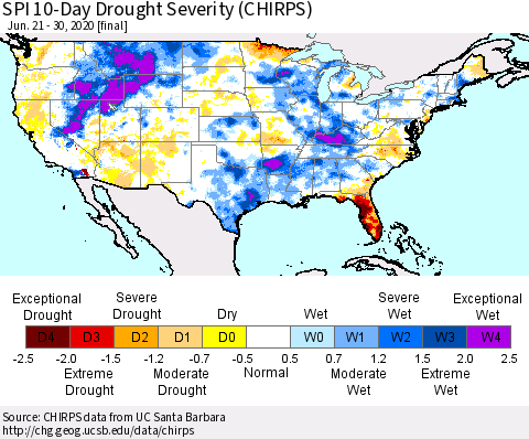 United States SPI 10-Day Drought Severity (CHIRPS) Thematic Map For 6/21/2020 - 6/30/2020