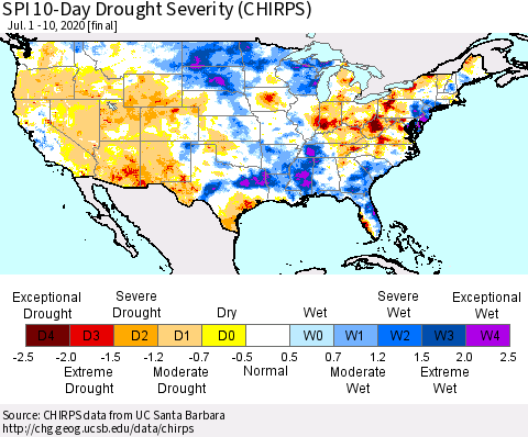 United States SPI 10-Day Drought Severity (CHIRPS) Thematic Map For 7/1/2020 - 7/10/2020