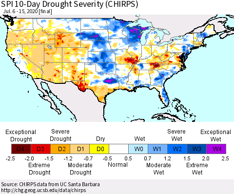 United States SPI 10-Day Drought Severity (CHIRPS) Thematic Map For 7/6/2020 - 7/15/2020