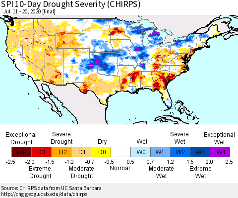 United States SPI 10-Day Drought Severity (CHIRPS) Thematic Map For 7/11/2020 - 7/20/2020