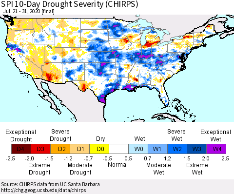 United States SPI 10-Day Drought Severity (CHIRPS) Thematic Map For 7/21/2020 - 7/31/2020