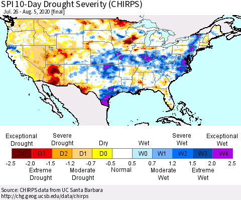 United States SPI 10-Day Drought Severity (CHIRPS) Thematic Map For 7/26/2020 - 8/5/2020