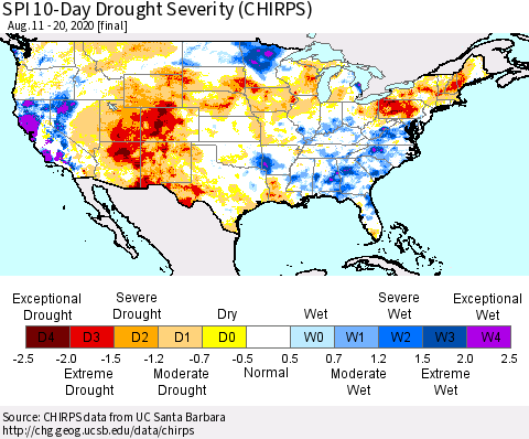 United States SPI 10-Day Drought Severity (CHIRPS) Thematic Map For 8/11/2020 - 8/20/2020