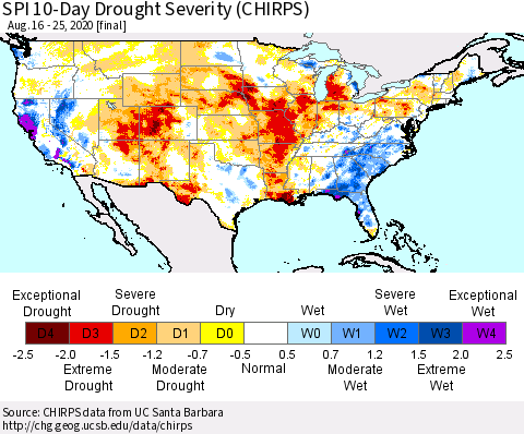 United States SPI 10-Day Drought Severity (CHIRPS) Thematic Map For 8/16/2020 - 8/25/2020