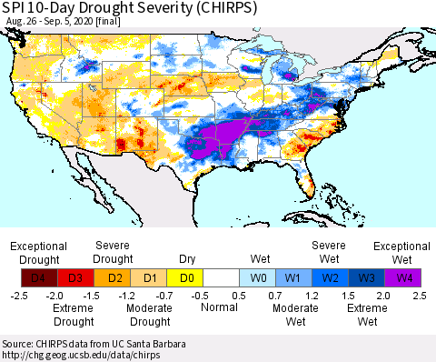 United States SPI 10-Day Drought Severity (CHIRPS) Thematic Map For 8/26/2020 - 9/5/2020