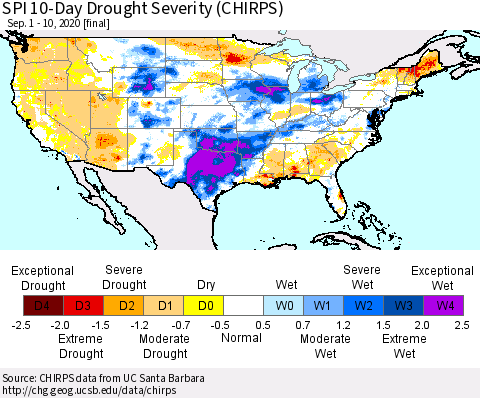 United States SPI 10-Day Drought Severity (CHIRPS) Thematic Map For 9/1/2020 - 9/10/2020