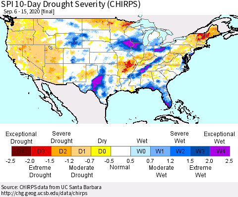 United States SPI 10-Day Drought Severity (CHIRPS) Thematic Map For 9/6/2020 - 9/15/2020