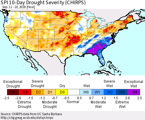 United States SPI 10-Day Drought Severity (CHIRPS) Thematic Map For 9/11/2020 - 9/20/2020