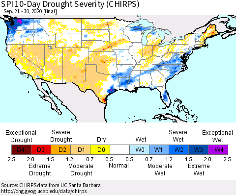 United States SPI 10-Day Drought Severity (CHIRPS) Thematic Map For 9/21/2020 - 9/30/2020
